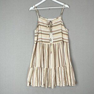 Self Contrast Womens Dress‎ Medium Tan Athena Babydoll Striped Tiered Coastal